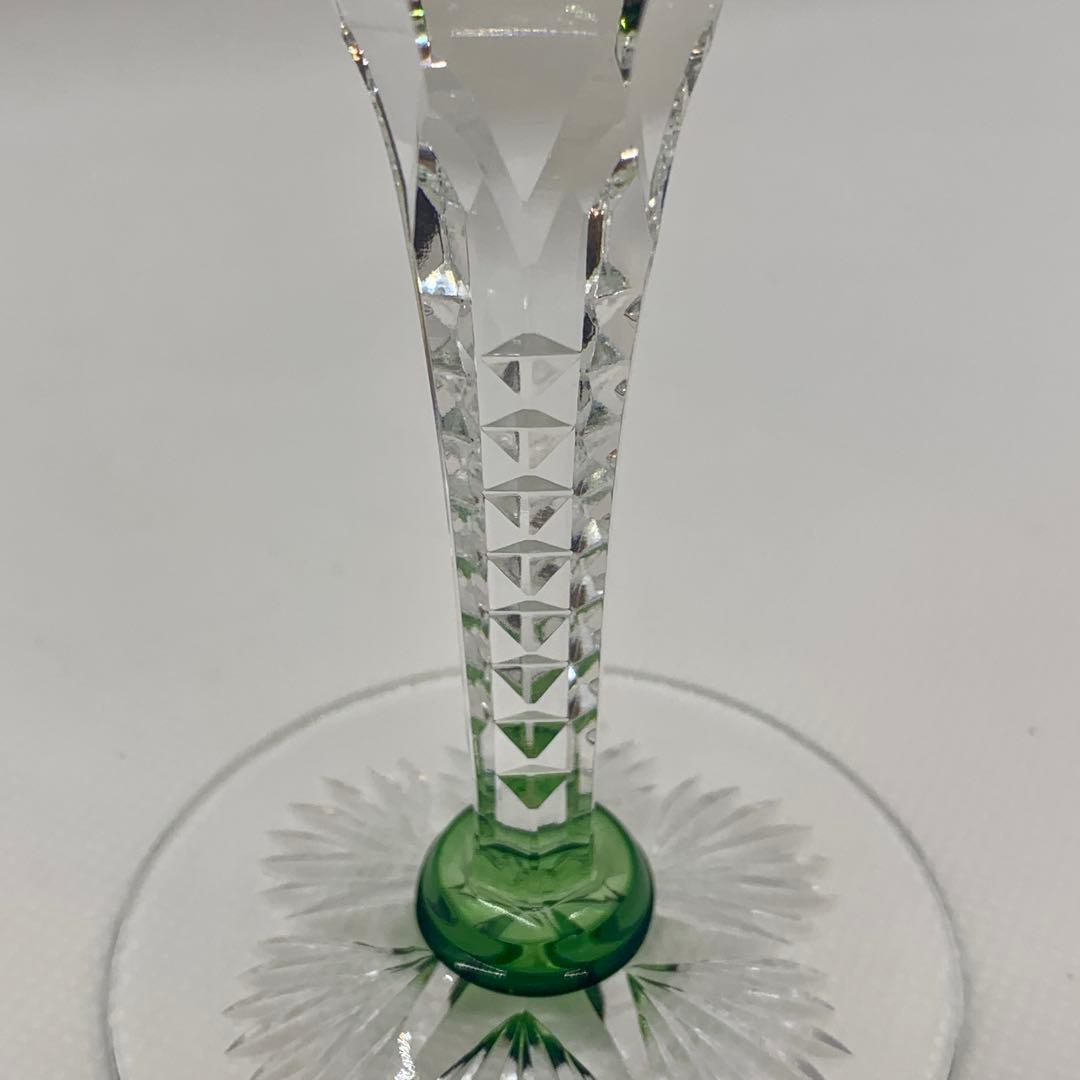 カガミクリスタル 江戸切子 フルートシャンパングラス 緑 Kagami刻印有