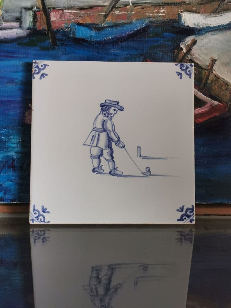 ヴィンテージ/アンティーク デルフト焼タイル コバルト手描 ゴルフショットの紳士