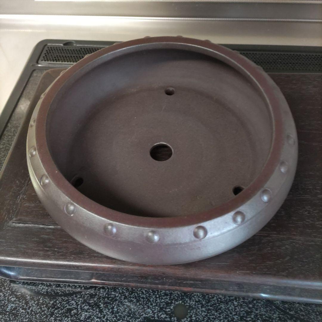 盆栽鉢、植木鉢、 時代鉢、 山秋 落款 、紫泥 、太鼓胴丸鉢、杭打ち鉢