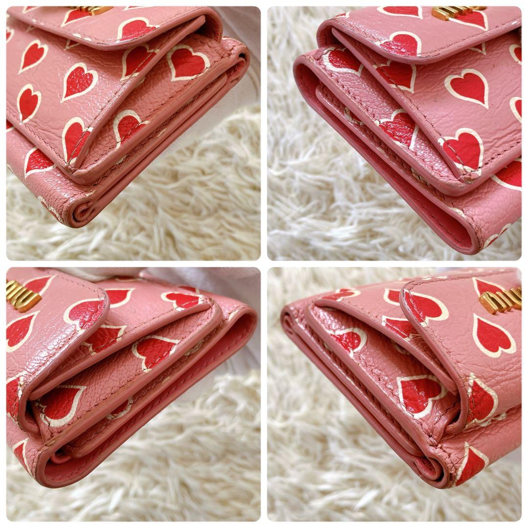 ミュウミュウ 三つ折り財布 コンパクトウォレット ピンク パターンハート 総柄