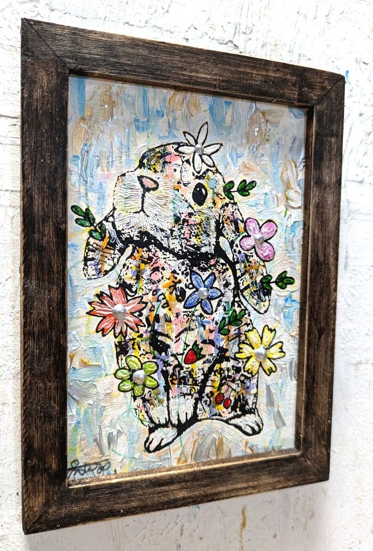 手作り額付き作品　title「静かなる月下の夢ウサギ」