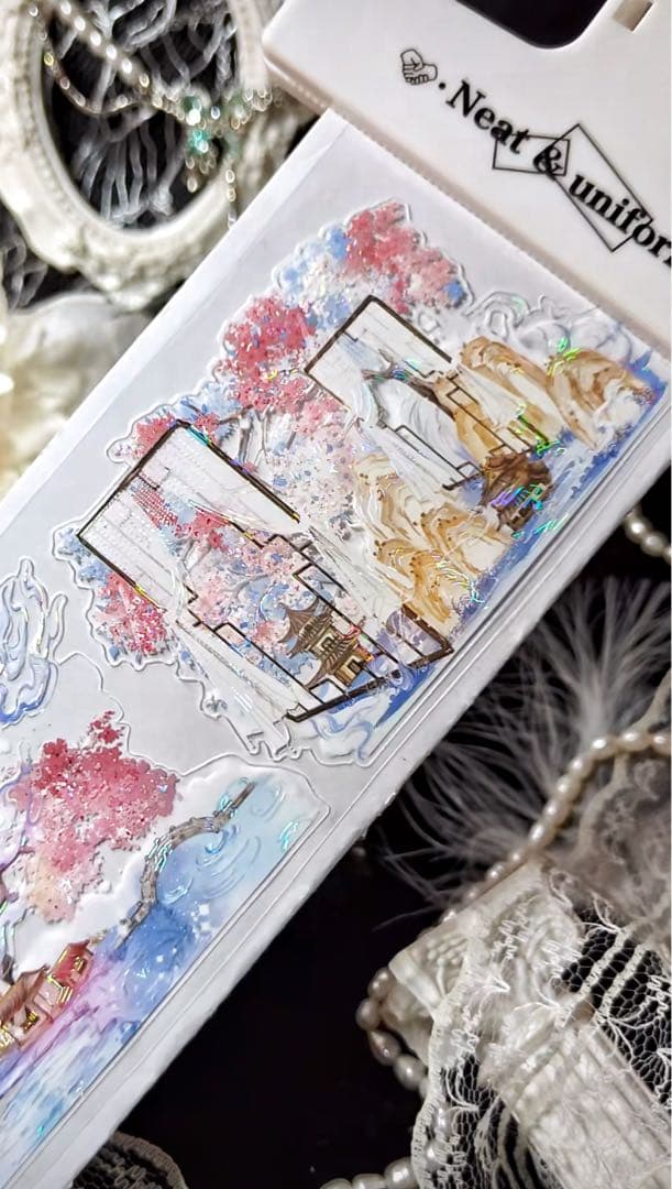 【9380】海外　5m巻　貝殻光カッティングマスキングテープ　ピンク　古風系