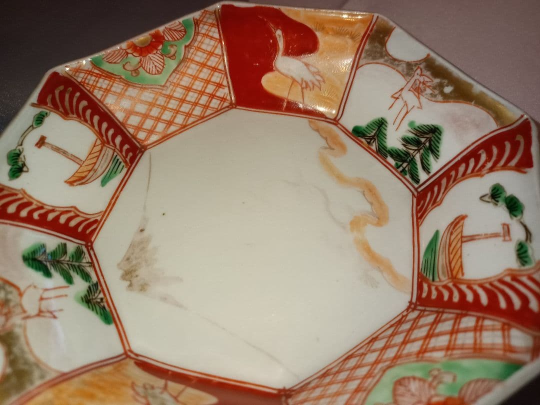 小伊万里焼　八角鉢　江戸時代後期　鶴亀　松竹梅　富士の図　吉祥文