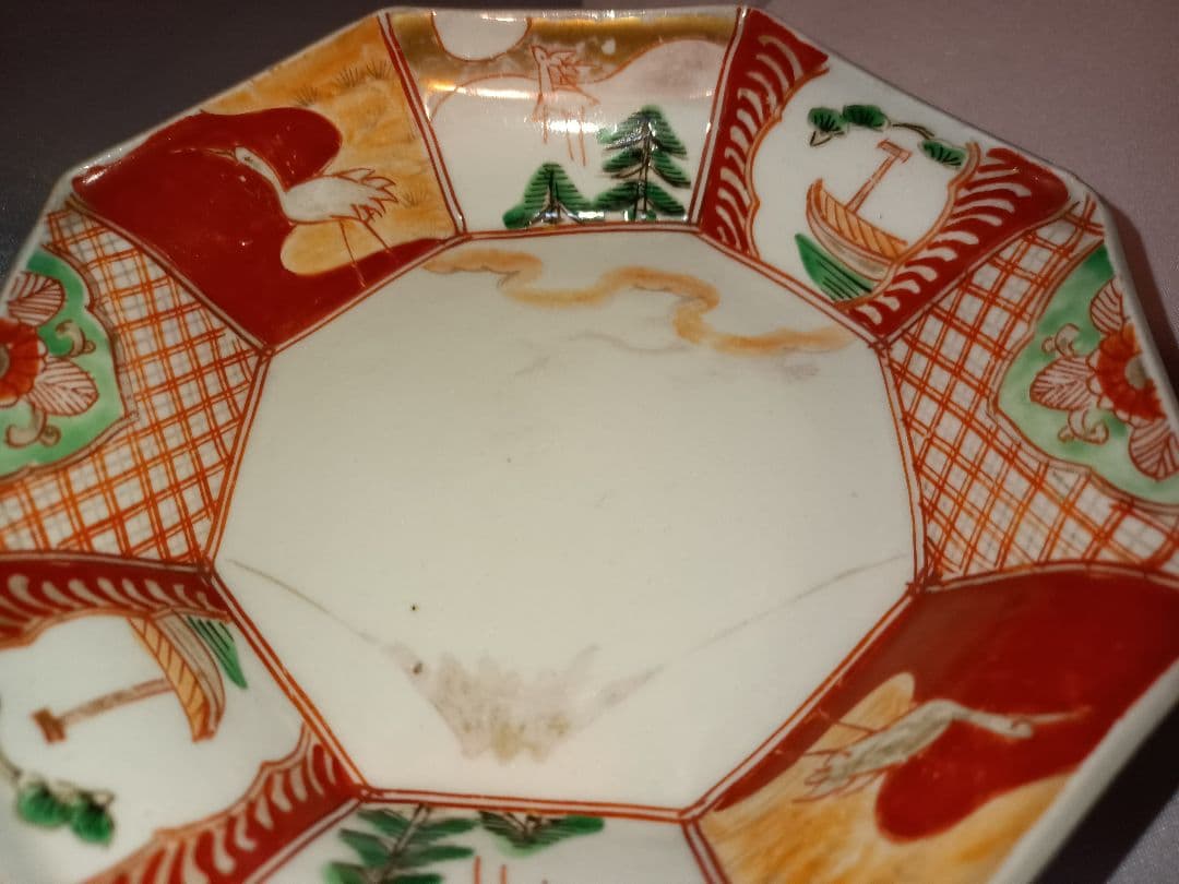 小伊万里焼　八角鉢　江戸時代後期　鶴亀　松竹梅　富士の図　吉祥文