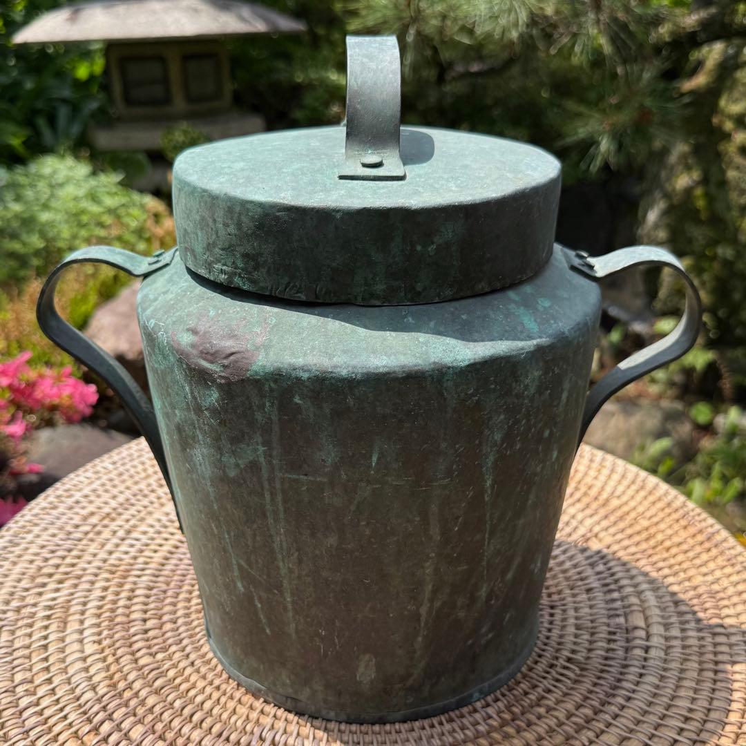 アンティークの素敵な鉄瓶 銅製　緑青付き 民藝　伝統工芸　蚤の市　手仕事