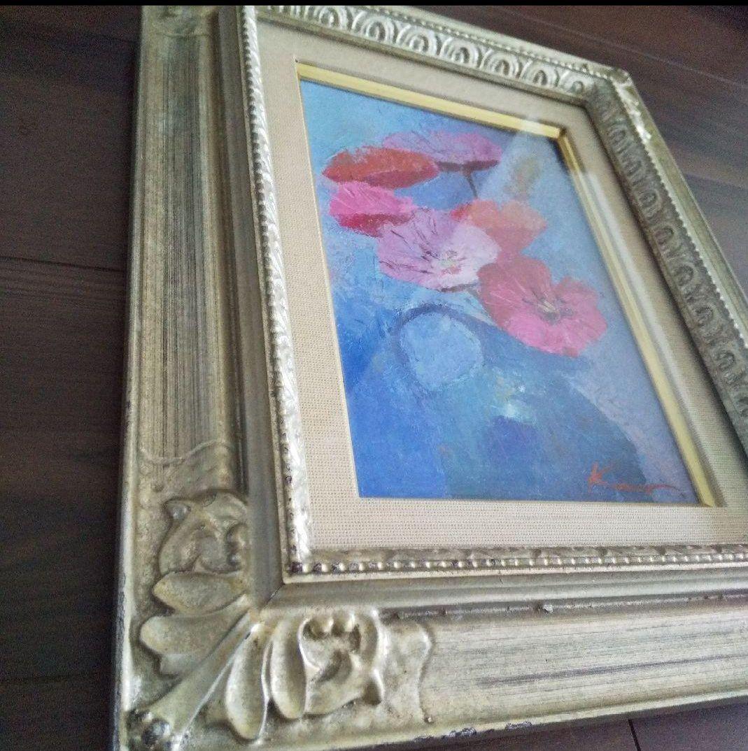 額付き‼️ 油絵 紺野八郎 「 水差しのポピー」