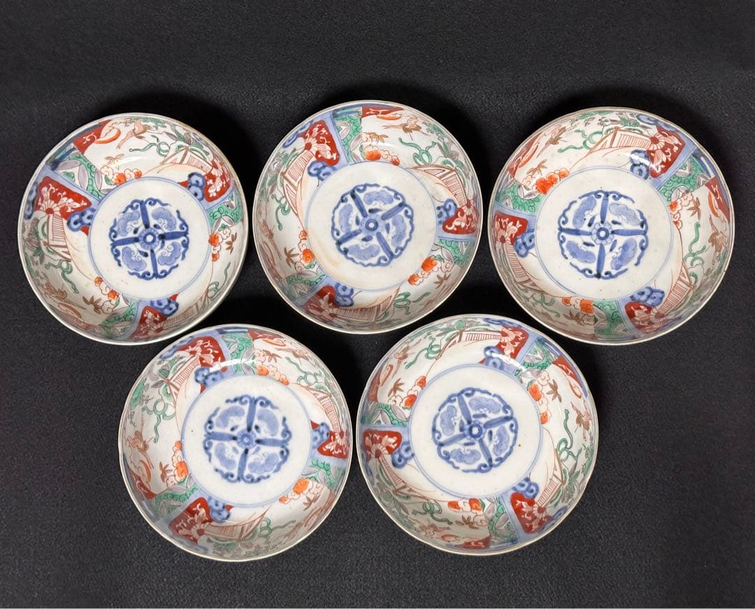 古伊万里 金彩色絵 花草雲鶴文鉢 五客セット　古美術品 骨董