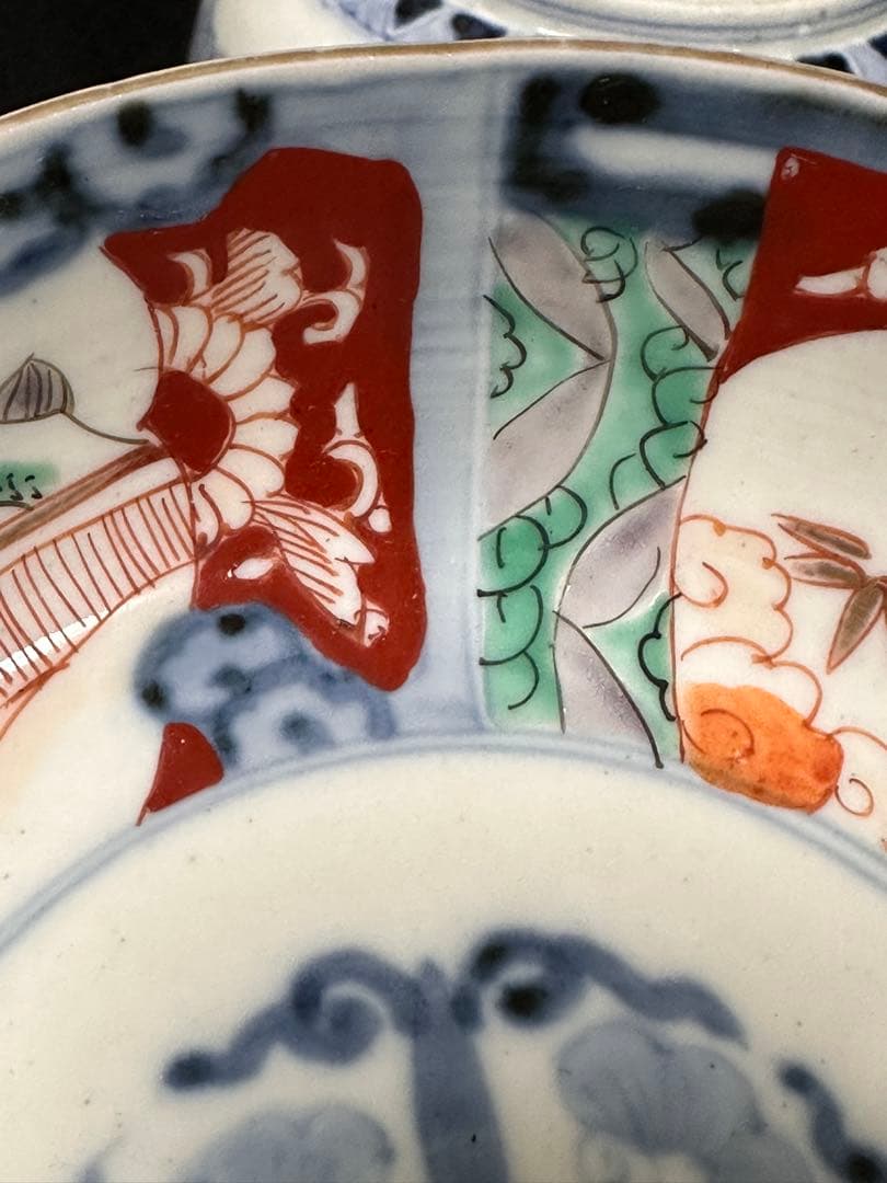 古伊万里 金彩色絵 花草雲鶴文鉢 五客セット　古美術品 骨董