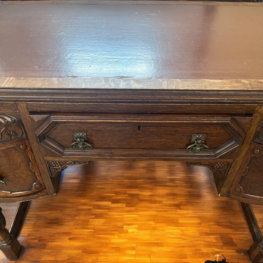 英国 アンティーク家具 デスク オーク 大型 真鍮 レザー張り