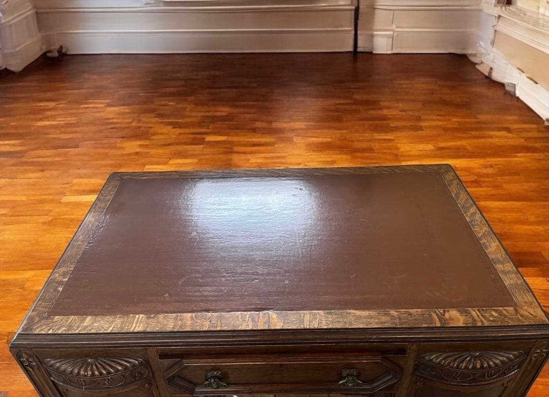 英国 アンティーク家具 デスク オーク 大型 真鍮 レザー張り