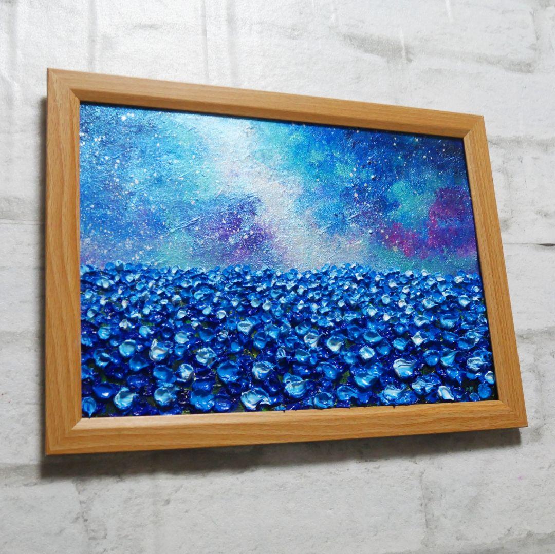 油絵 油彩 油彩画 絵 絵画【ネモフィラの田んぼに輝く天の川】
