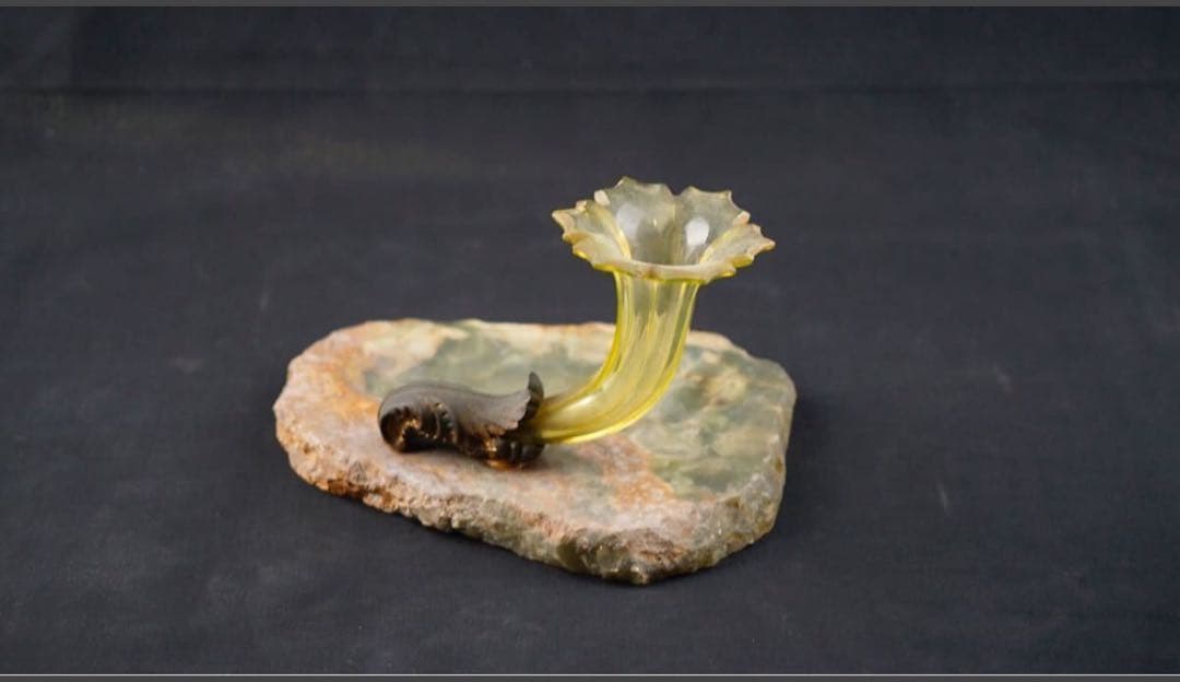 西洋 豊穣の角 コルヌコピア フリル ウランガラス 金彩 小物入れ 時代物