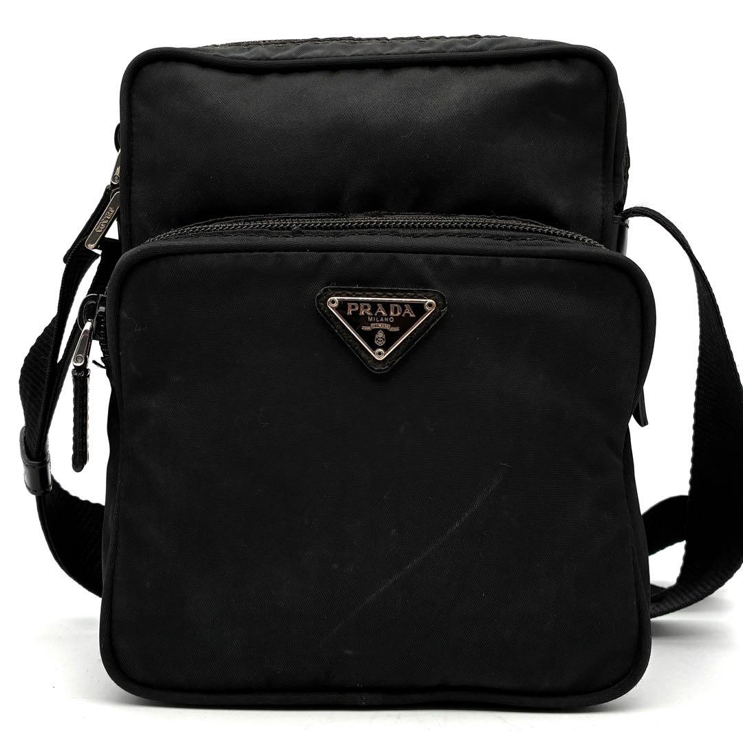 正規品 プラダ ショルダーバッグ 三角ロゴ 白タグ 斜め掛け ユニセックス 黒