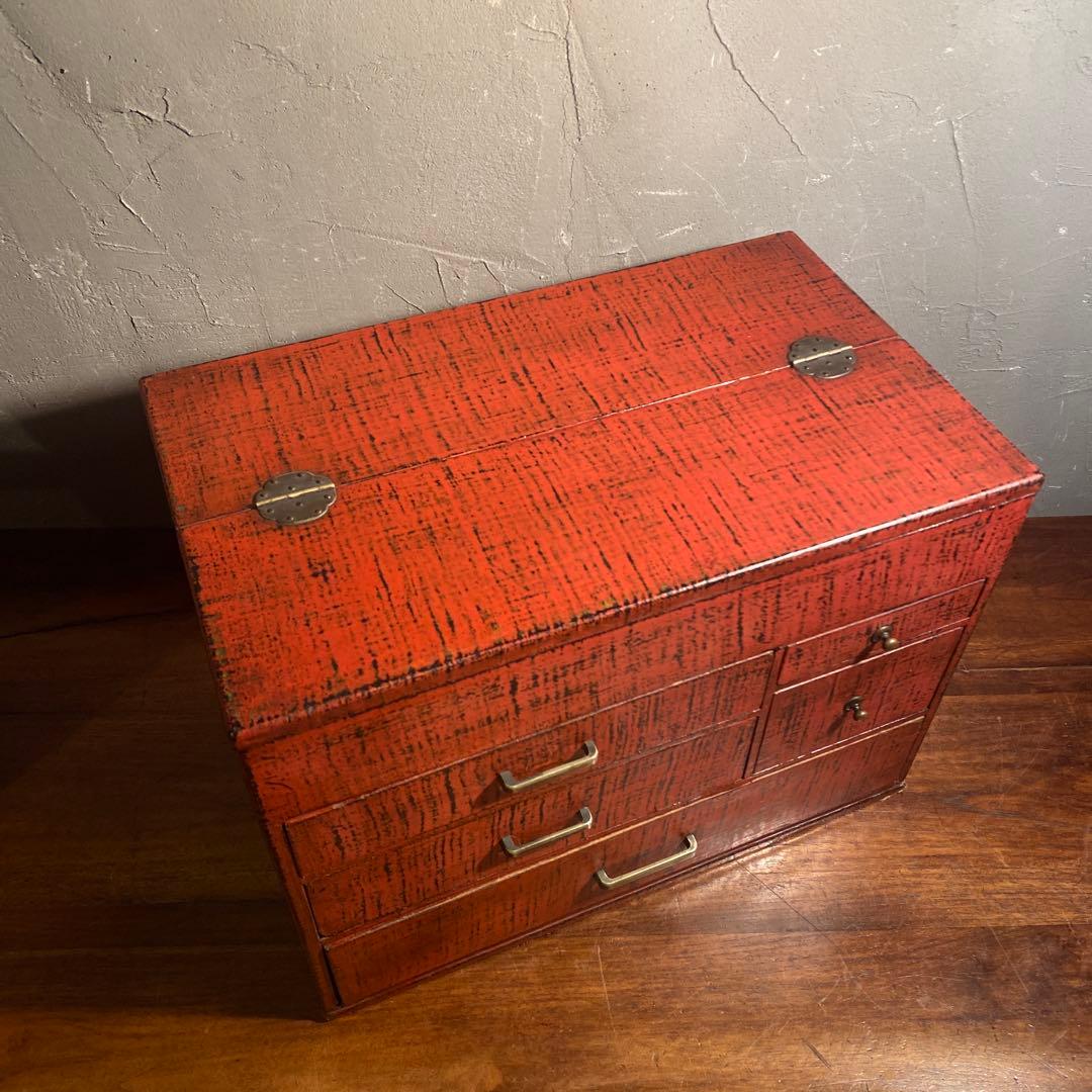 昭和レトロ 漆塗り針箱 小引き出し 裁縫箱 五杯 絣 漆芸 骨董品 古道具