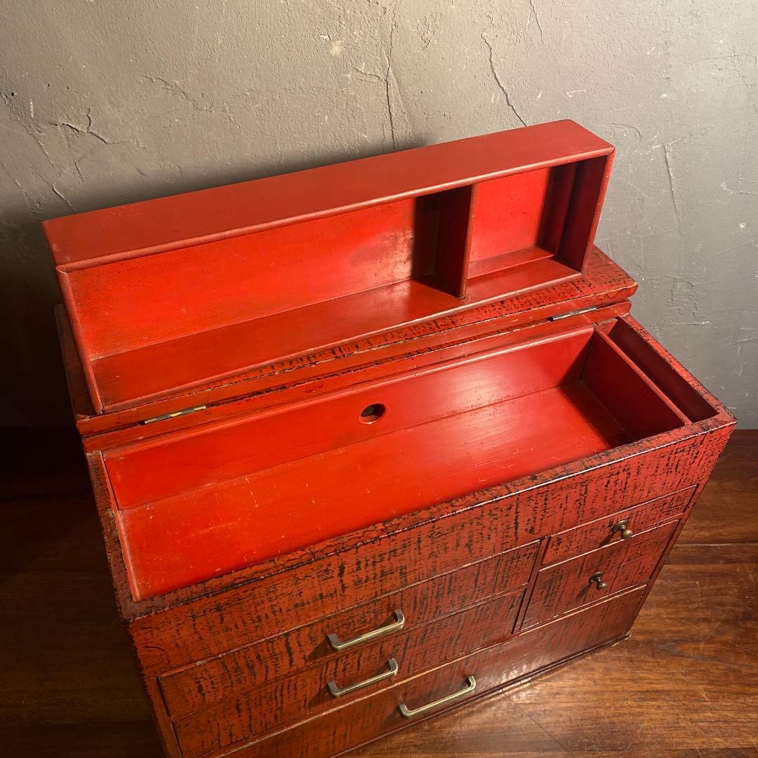 昭和レトロ 漆塗り針箱 小引き出し 裁縫箱 五杯 絣 漆芸 骨董品 古道具