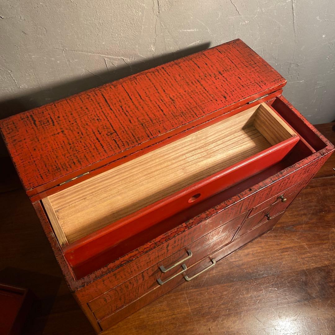 昭和レトロ 漆塗り針箱 小引き出し 裁縫箱 五杯 絣 漆芸 骨董品 古道具