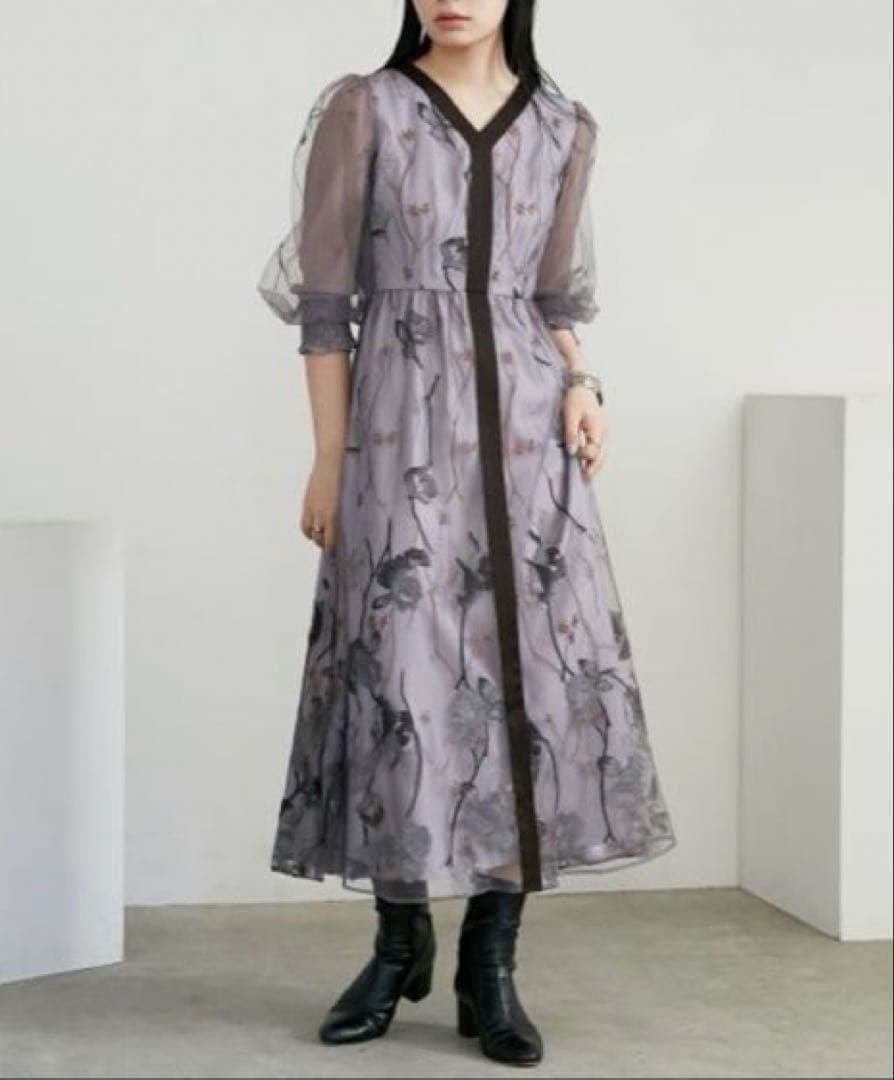 Callarusカラルス Vネック刺繍レースワンピースドレス 結婚式オケージョン