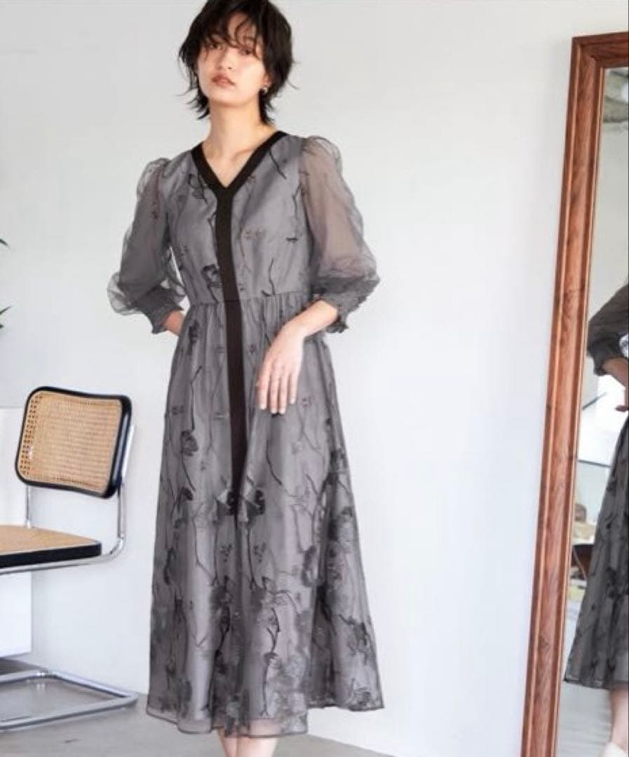 Callarusカラルス Vネック刺繍レースワンピースドレス 結婚式オケージョン