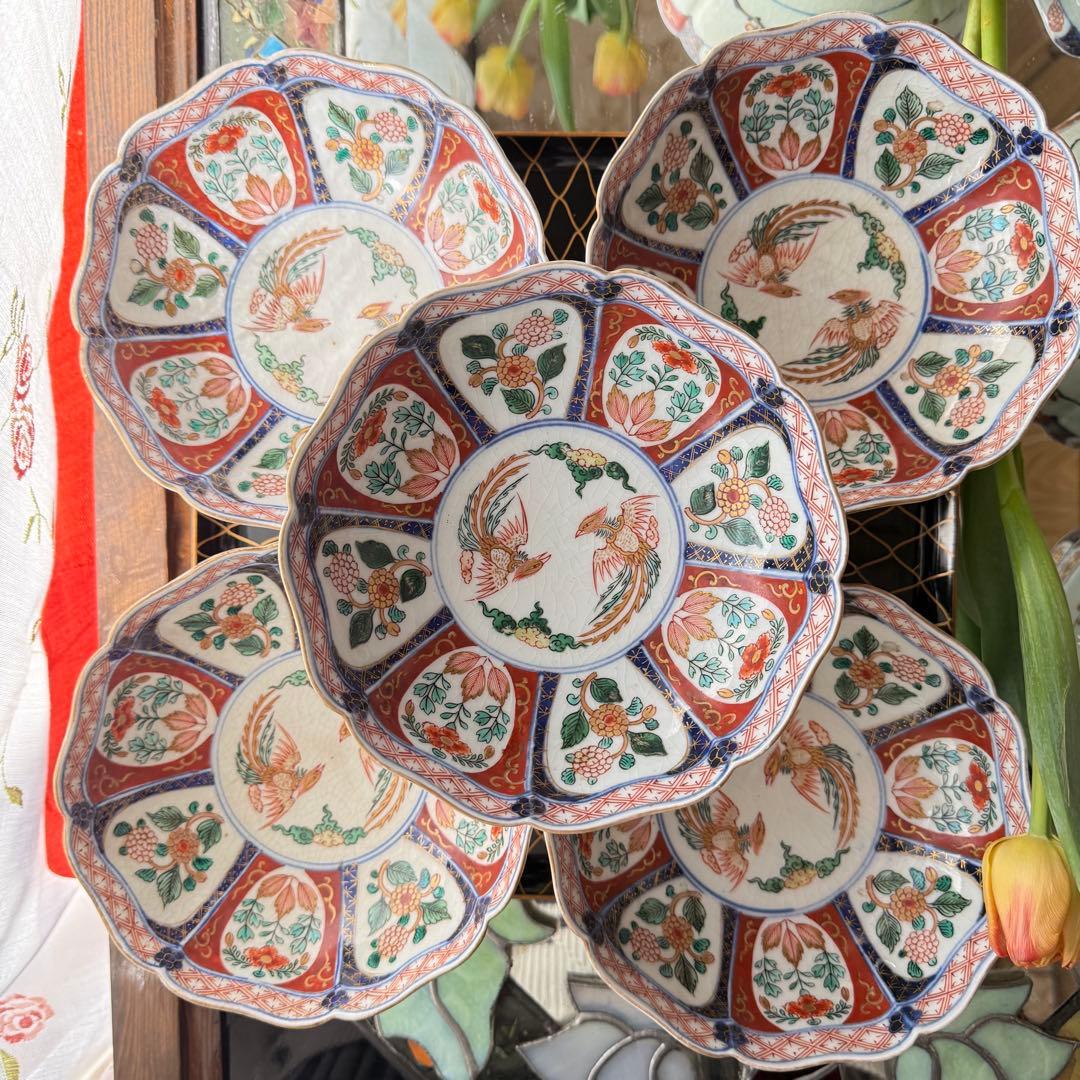 2189様感謝‼️節目に明治上手柿右衛門手『桐花鳳凰文様』切支丹皿松梅桐菊5客