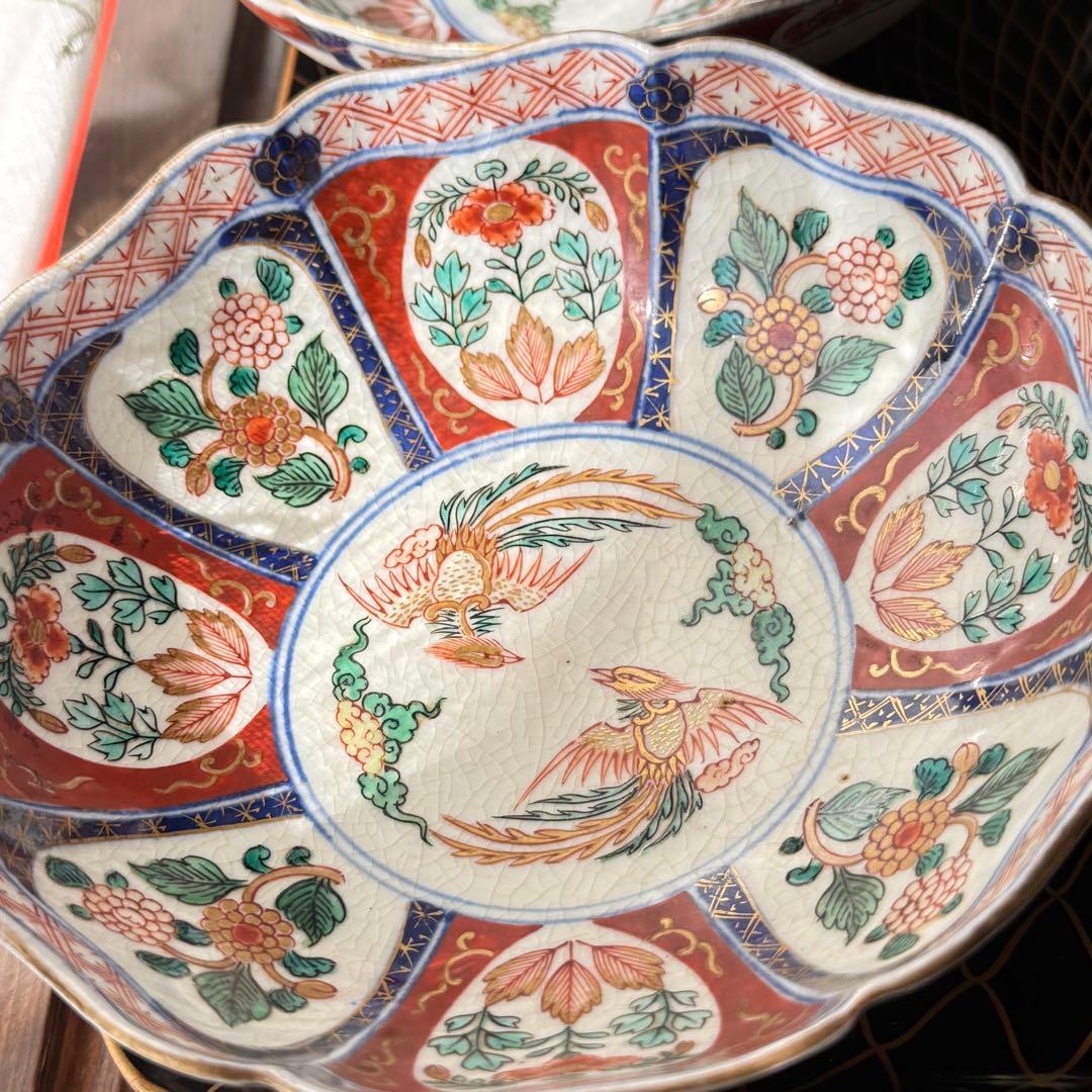 2189様感謝‼️節目に明治上手柿右衛門手『桐花鳳凰文様』切支丹皿松梅桐菊5客