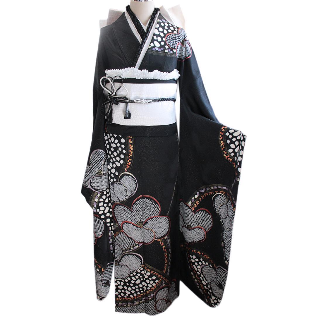 黒絞り入り振袖7点セット■ほぼフルセット身丈168.5cm/成人式帯新品bs19