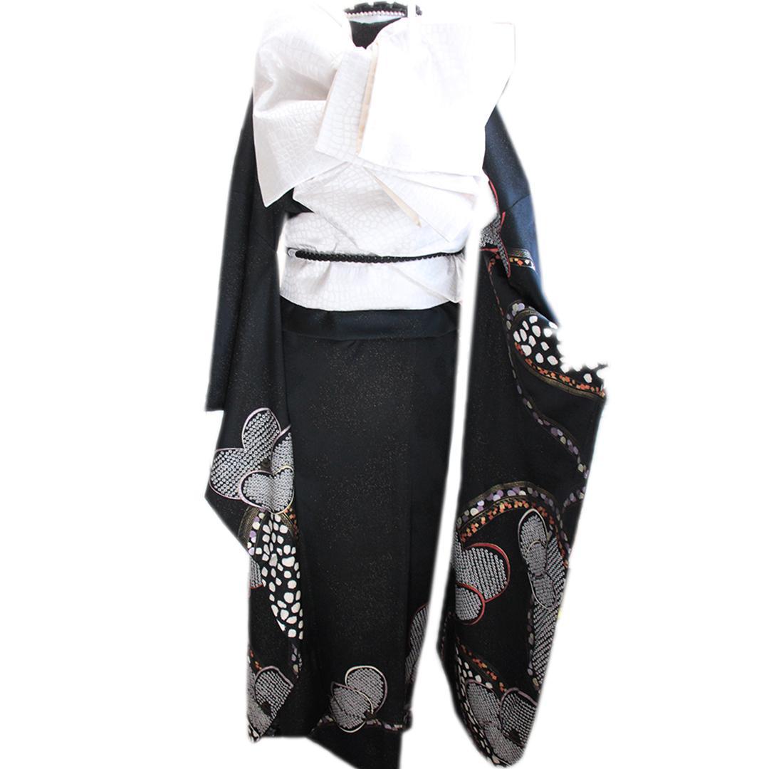 黒絞り入り振袖7点セット■ほぼフルセット身丈168.5cm/成人式帯新品bs19