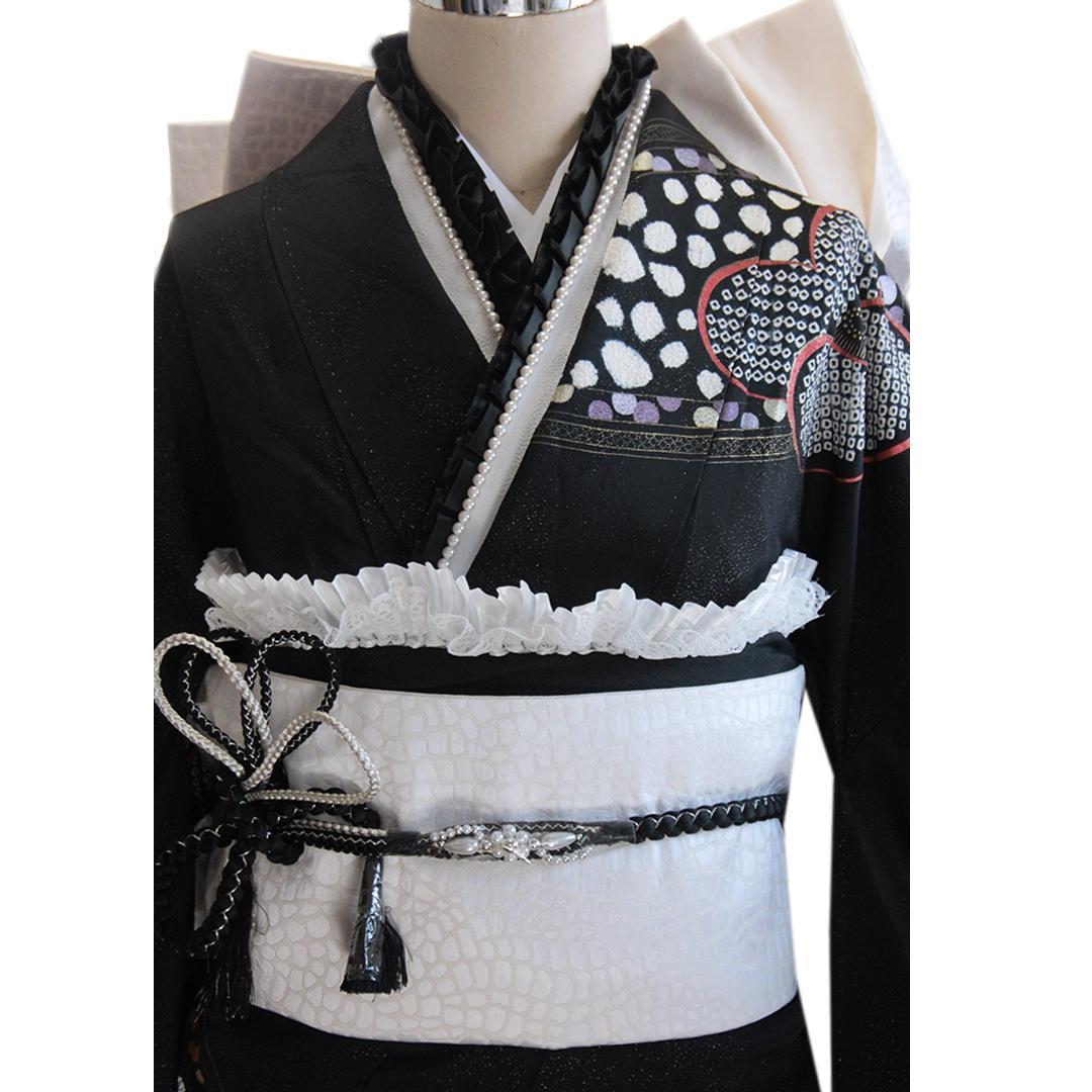 黒絞り入り振袖7点セット■ほぼフルセット身丈168.5cm/成人式帯新品bs19