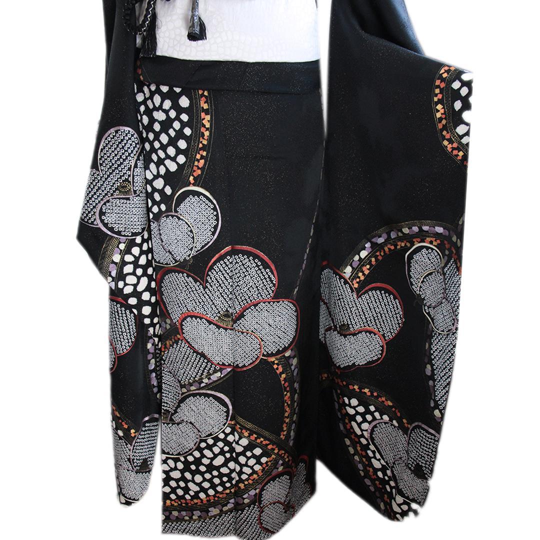 黒絞り入り振袖7点セット■ほぼフルセット身丈168.5cm/成人式帯新品bs19