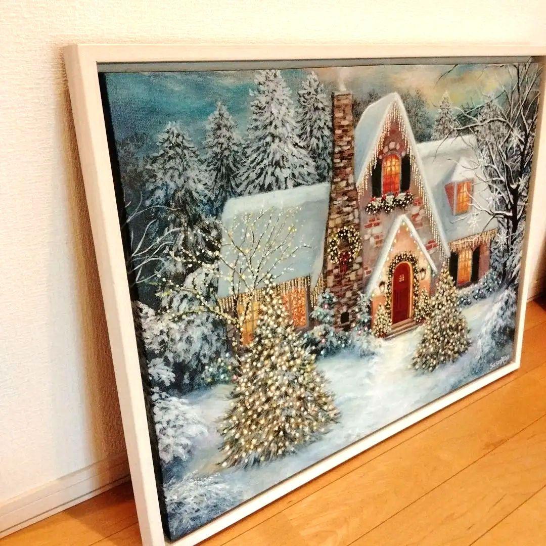【アメリカで購入LEDライト付き】クリスマスの家の風景画サイズ65cm✕50cm