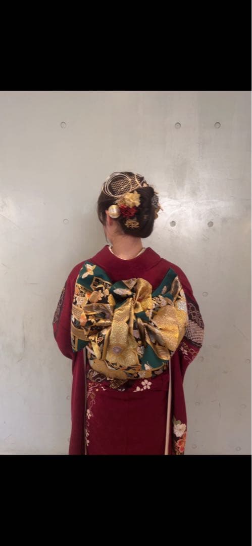 振袖 紫花柄 金緑色帯