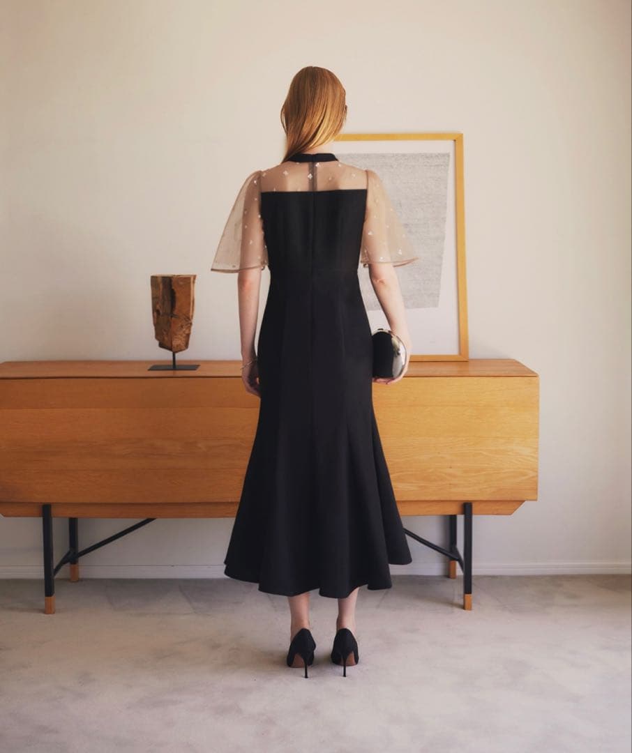 LEJA花柄ストーンスパンコールチュールオーバーラップマーメイドワンピースドレス