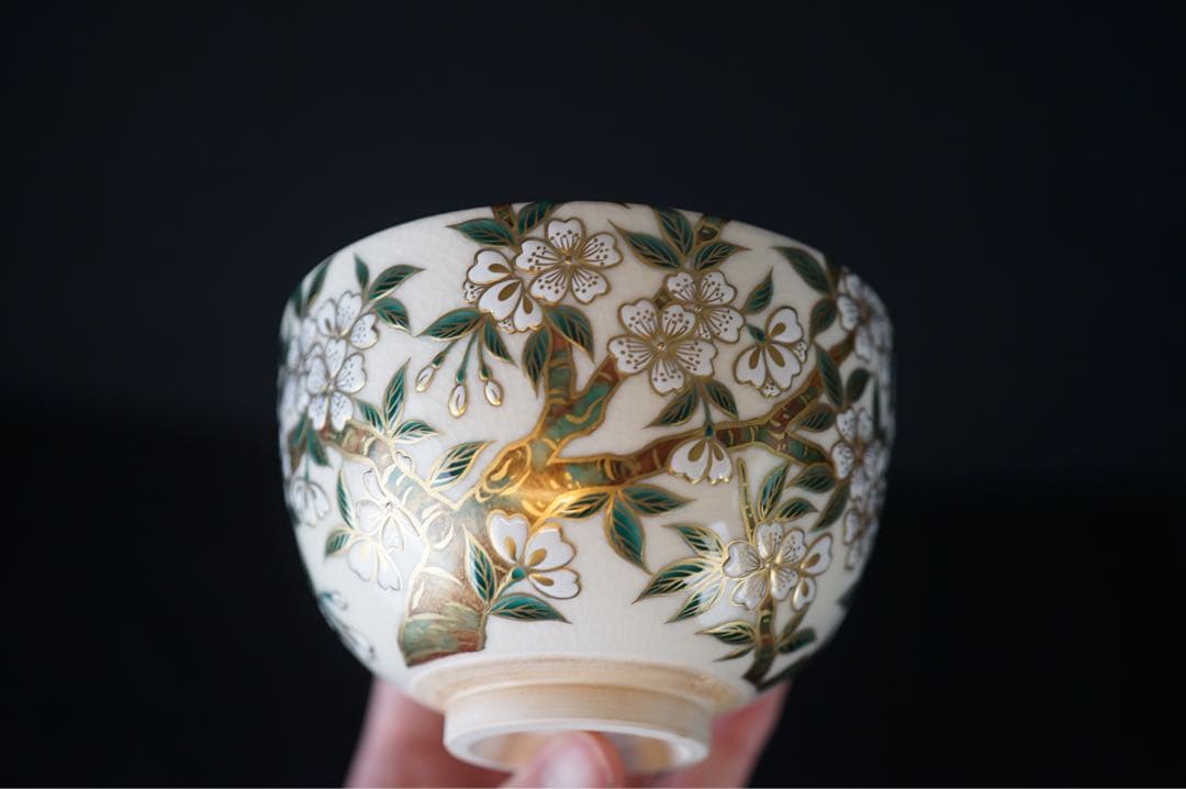 杉田祥平 清閑寺窯 色絵桜花ノ画 茶碗 共箱 共布 栞 茶道具