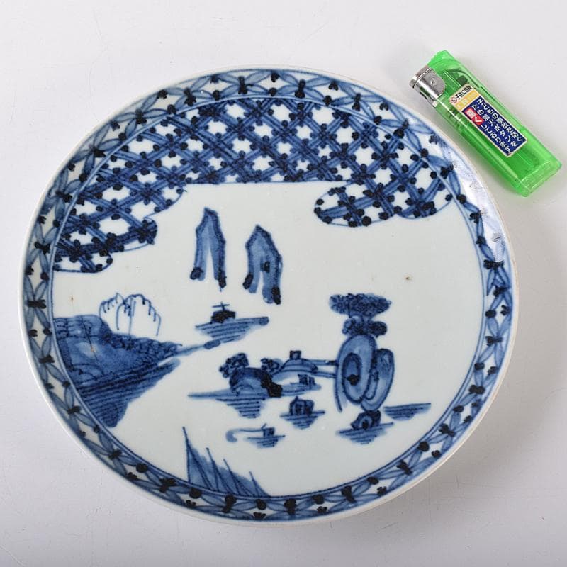 古伊万里　初期伊万里　大明成化年製款　染付　山水文　飾皿　時代箱　M　R7968