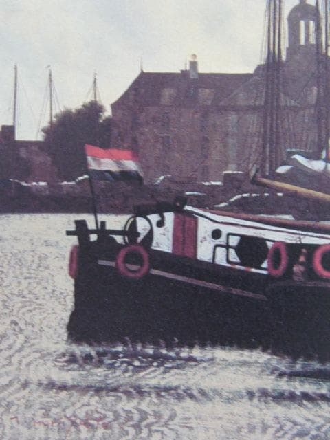 森下武、【アムステルダムの港】、希少な額装用画集画、新品高級額 額装付