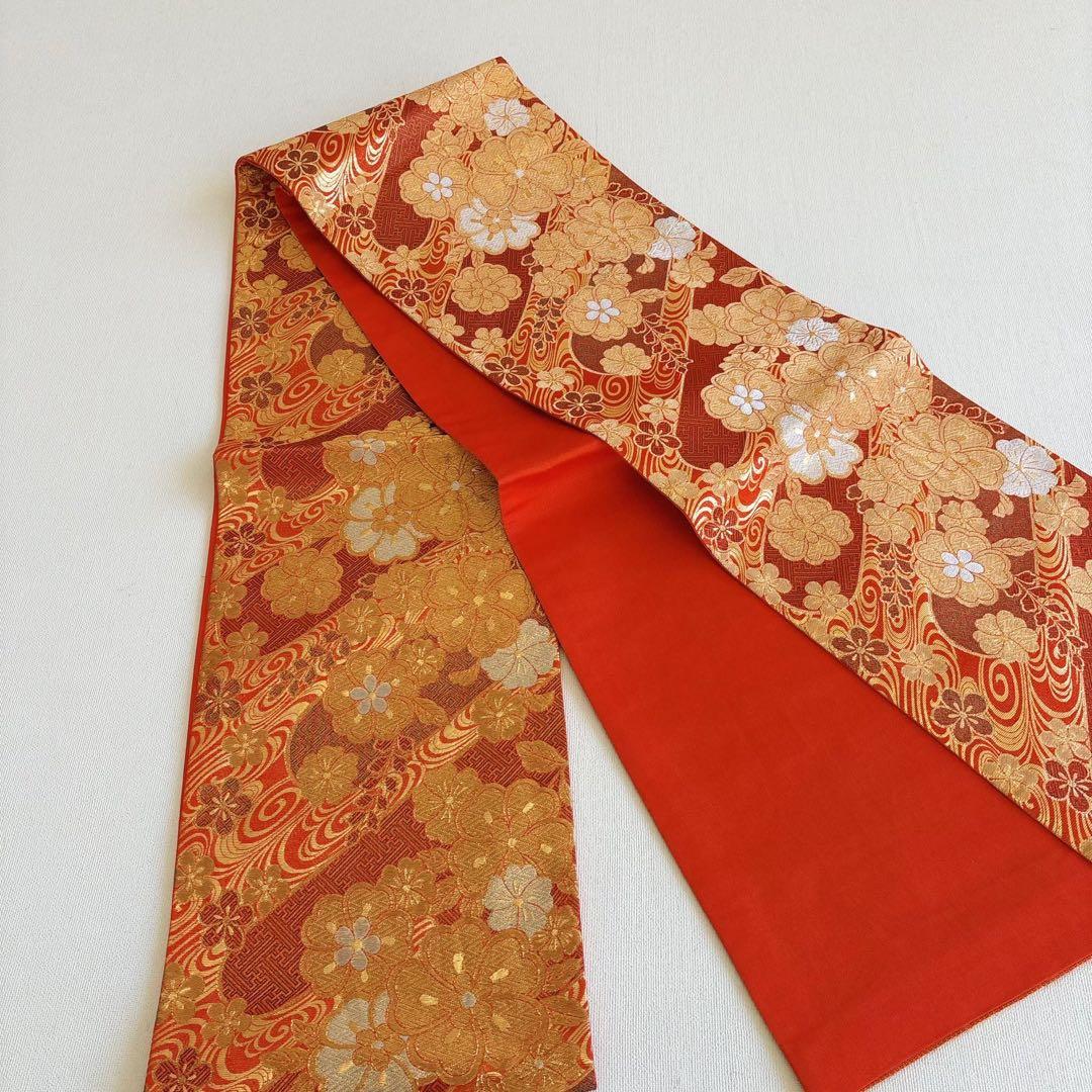 フルセット　七五三７歳女の子ピンク地　桜扇蝶　オレンジ袋帯　絹長襦袢7123