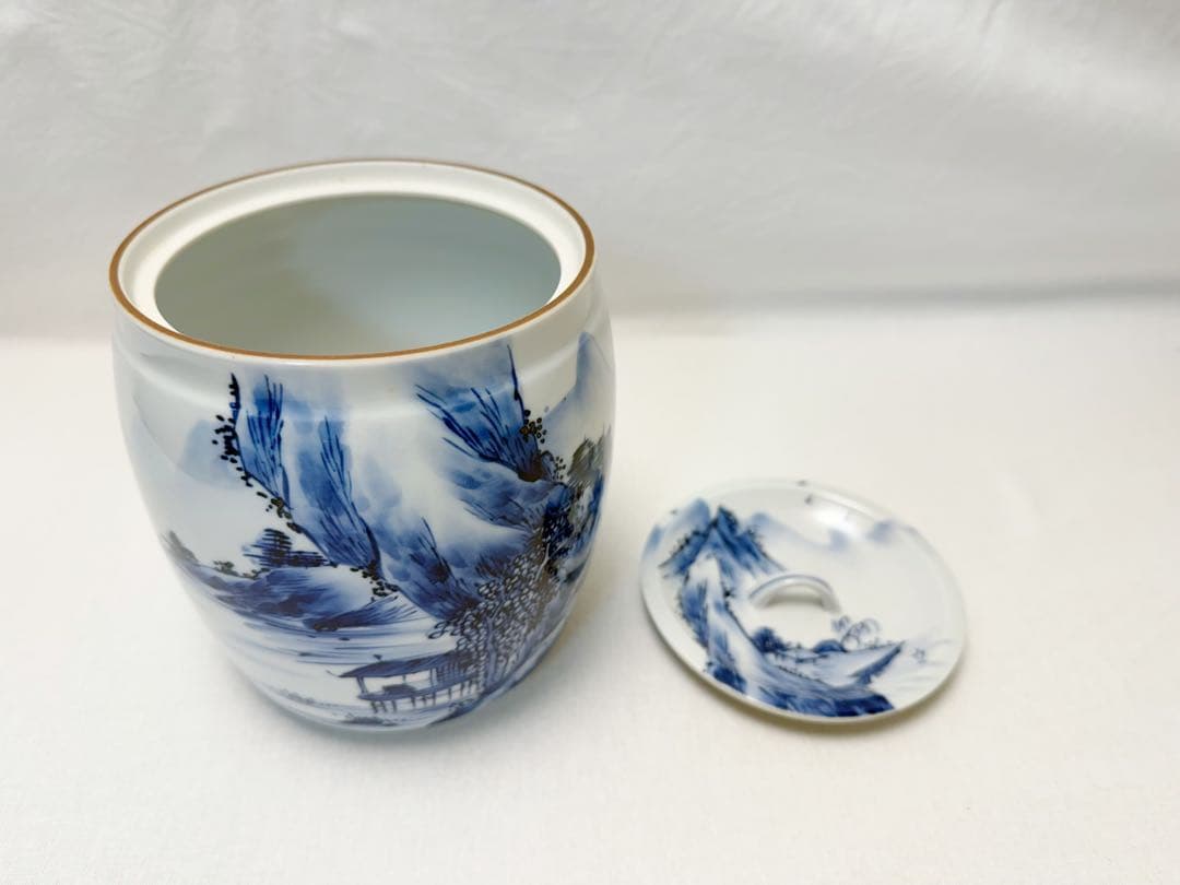 ほぼ未使用 茶道具 平安 祥雲作 溜塗 水指棚 紹鴎 染付水指 2点セット 共箱