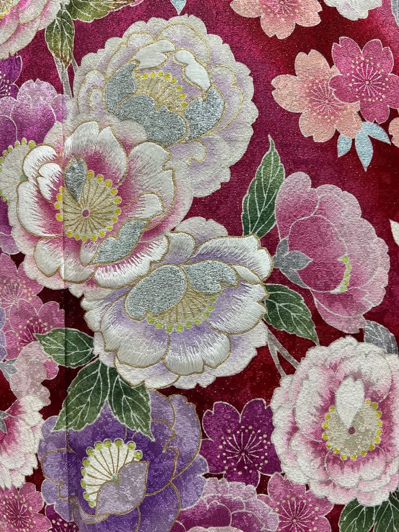 振り袖　フルセット　金彩加工　長襦袢付　刺繍入り　金通し　赤　花　664