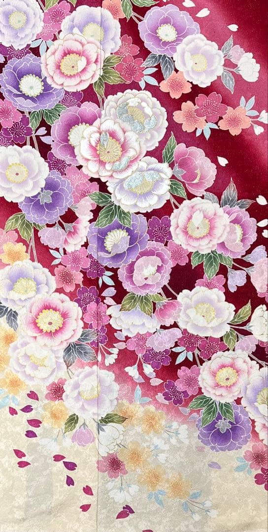 振り袖　フルセット　金彩加工　長襦袢付　刺繍入り　金通し　赤　花　664