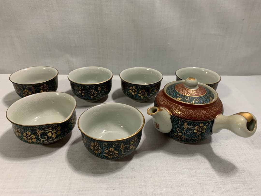 実家整理 手描き九谷焼金彩 煎茶茶器セット急須湯こぼしつき湯呑み5客