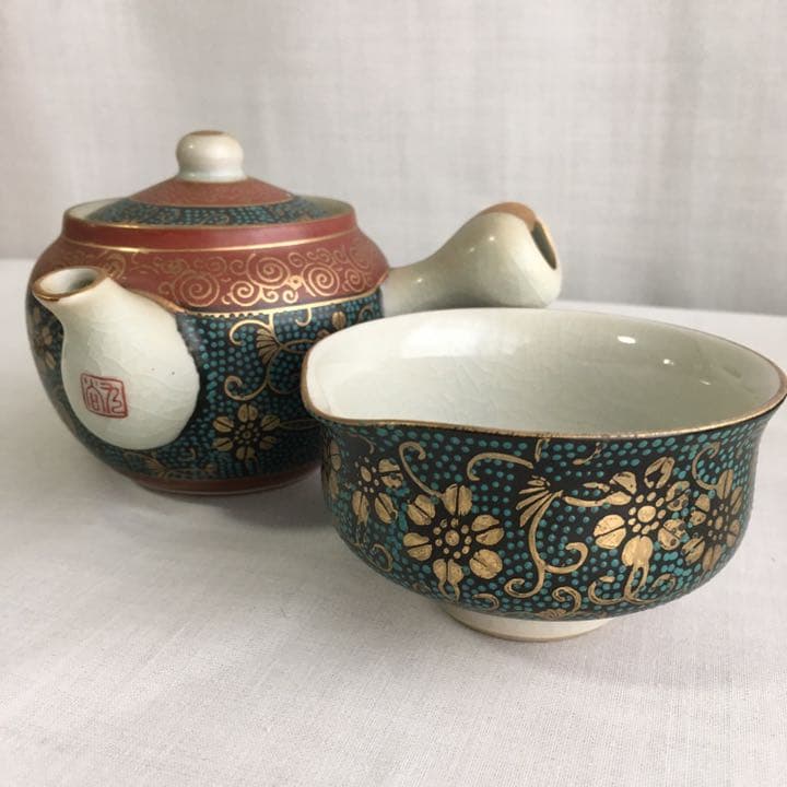実家整理 手描き九谷焼金彩 煎茶茶器セット急須湯こぼしつき湯呑み5客