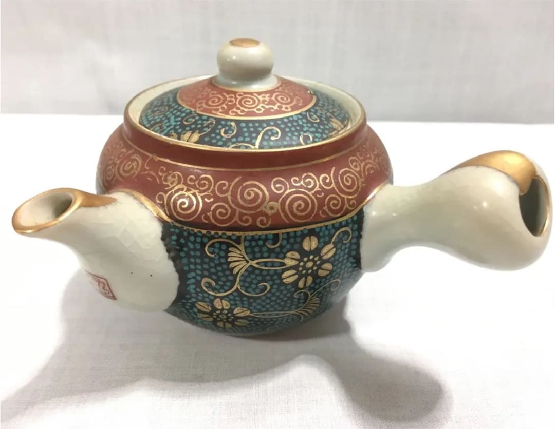 実家整理 手描き九谷焼金彩 煎茶茶器セット急須湯こぼしつき湯呑み5客