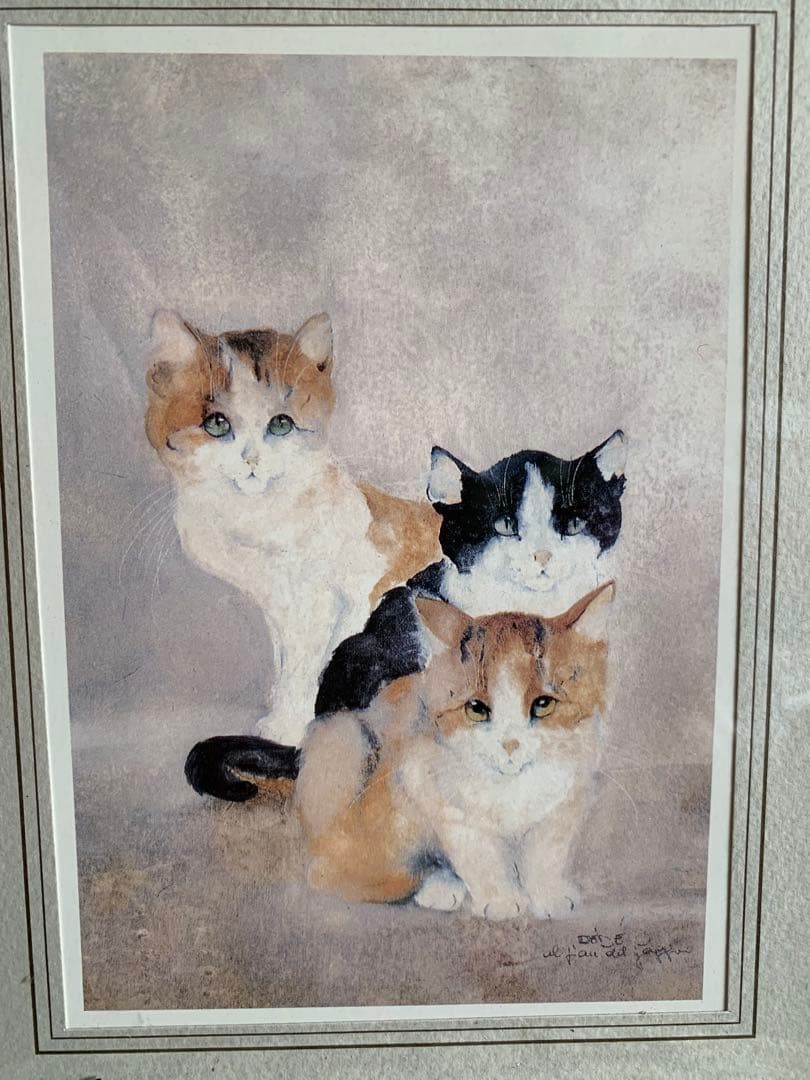 新品ドマンイタリア製インテリアアート額装複製画水彩画クロシロ猫ハチワレ茶白猫の絵