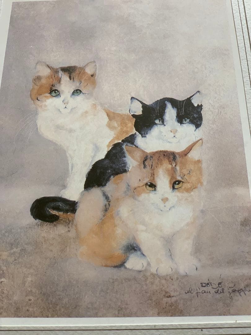 新品ドマンイタリア製インテリアアート額装複製画水彩画クロシロ猫ハチワレ茶白猫の絵