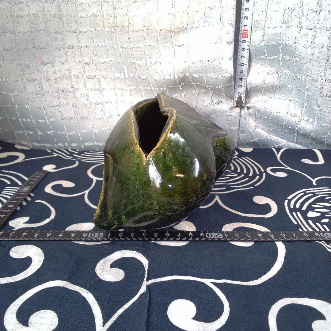 骨董３緑色の陶器製長方形皿