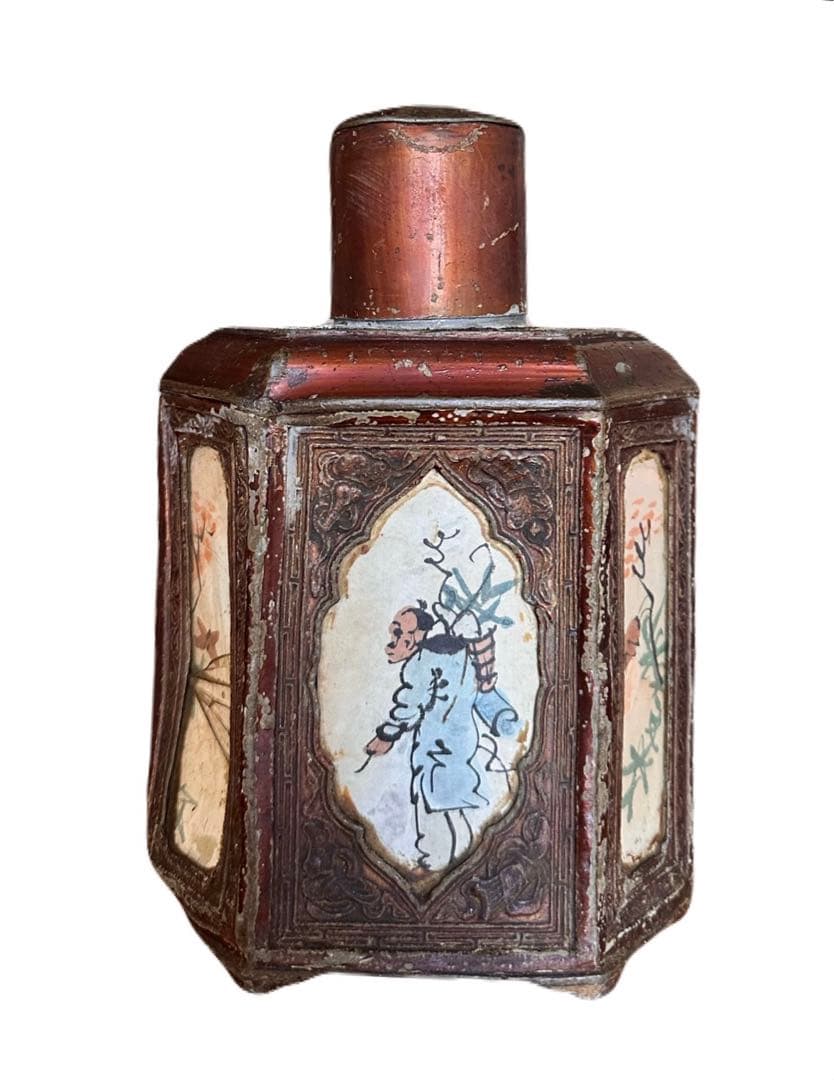 中国潮陽永和錫製茶葉罐百年以上古董六面手描き絵美術品時代物