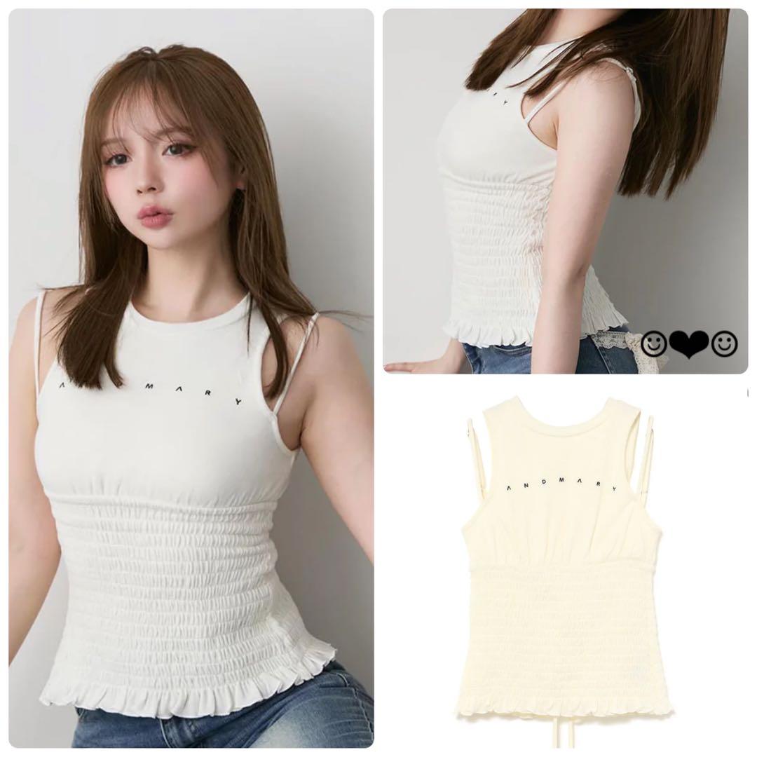 andmary♡Ami shirring logo tops♡white