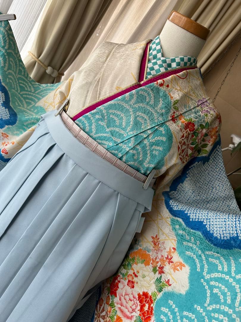 振袖フルセット 空色スカイブルー×白 総絞り 金駒刺繍