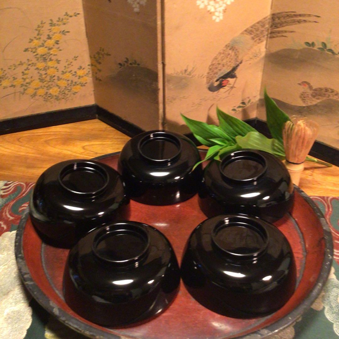 A852 木製輪島塗　　　高級黒塗　宝尽紋様蒔絵　吸物椀　　煮物椀　　5客