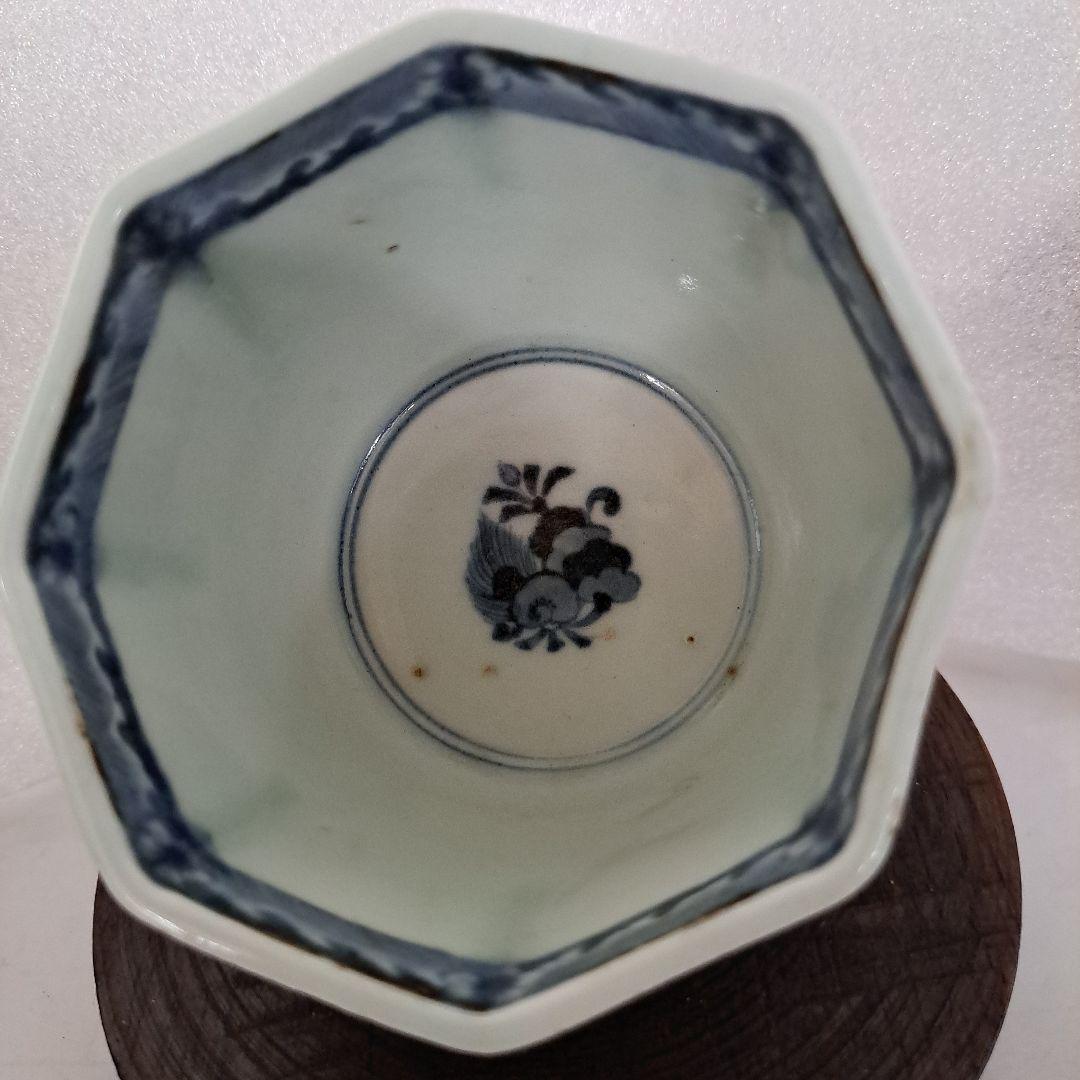 骨董　柿右衛門　藍柿右衛門　濁手　古伊万里　八角蕎麦猪口　岩牡丹文　角渦福