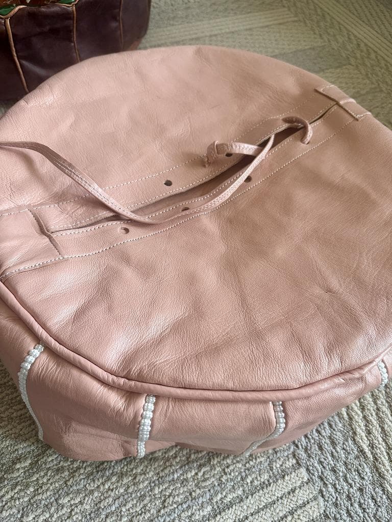 未使用♪ モロッコ 本革 プフ プーフ スツール オットマン　ピンク